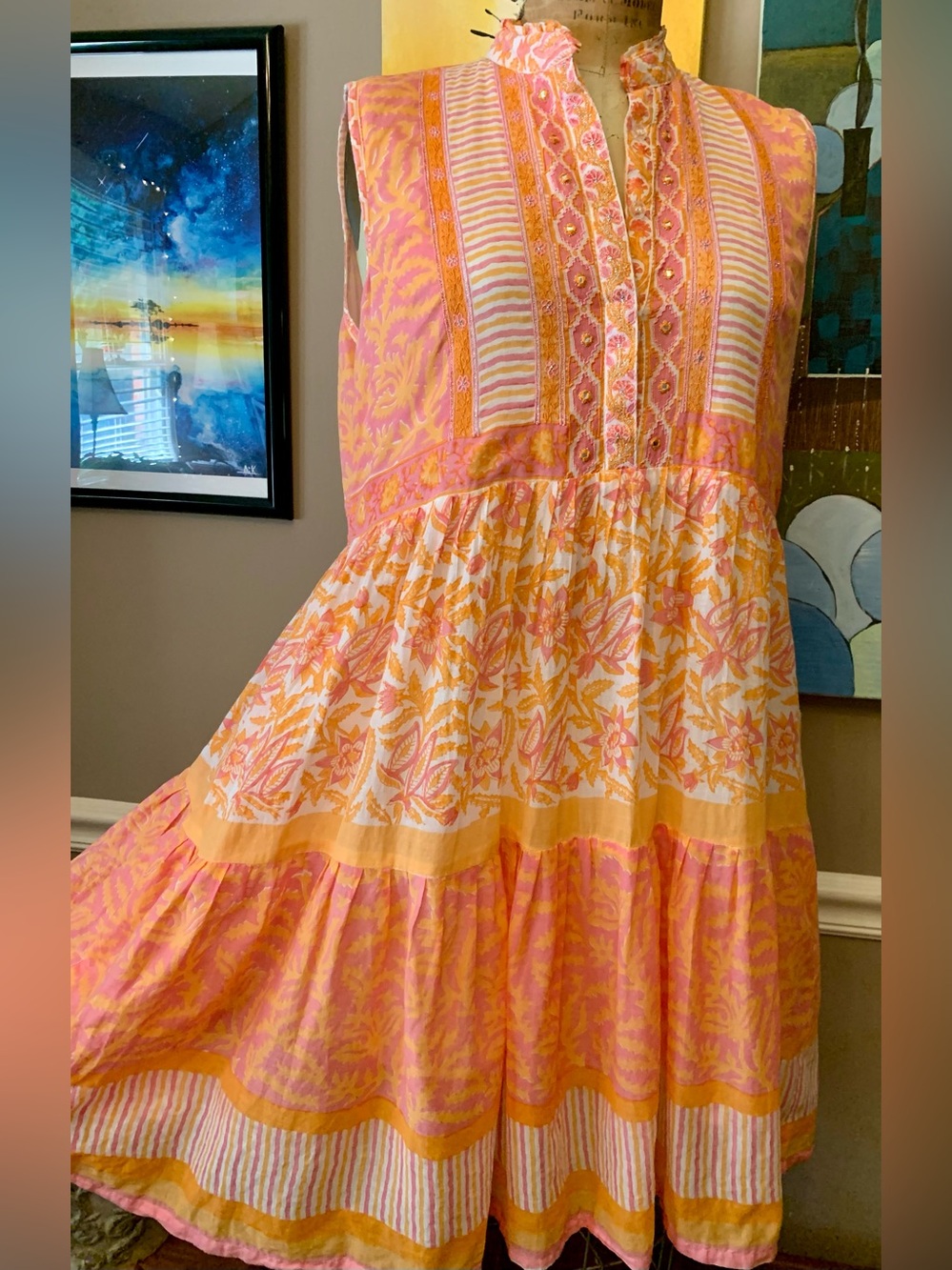 Bella Tu Fiona Orange Floral Embroidered Sleeveless Dress Medium